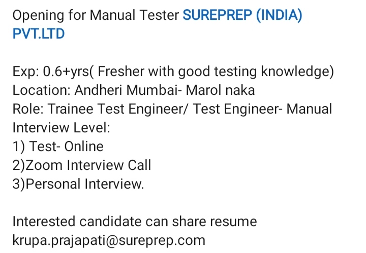 ReferIndia's tweet image. Opening for #manual_tester

#ReferIndia #helpinghands #jobs #freshers #job #fresherjobs #hiringalert #hiringnow #jobalert #way2fresher #hir