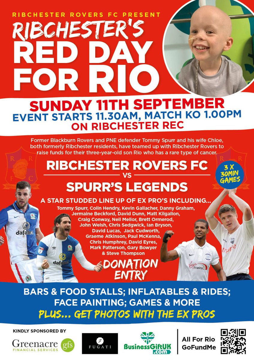 Rovers's tweet image. 💙 You can support Rio this Sunday at Ribchester Rec as Tommy Spurr lines up alongside former Rovers @BraveheartCH, @David8Dunn, @conway_cc, Danny Graham and more at 'Ribchester's Red Day For Rio'.

#Rovers 🔵⚪️