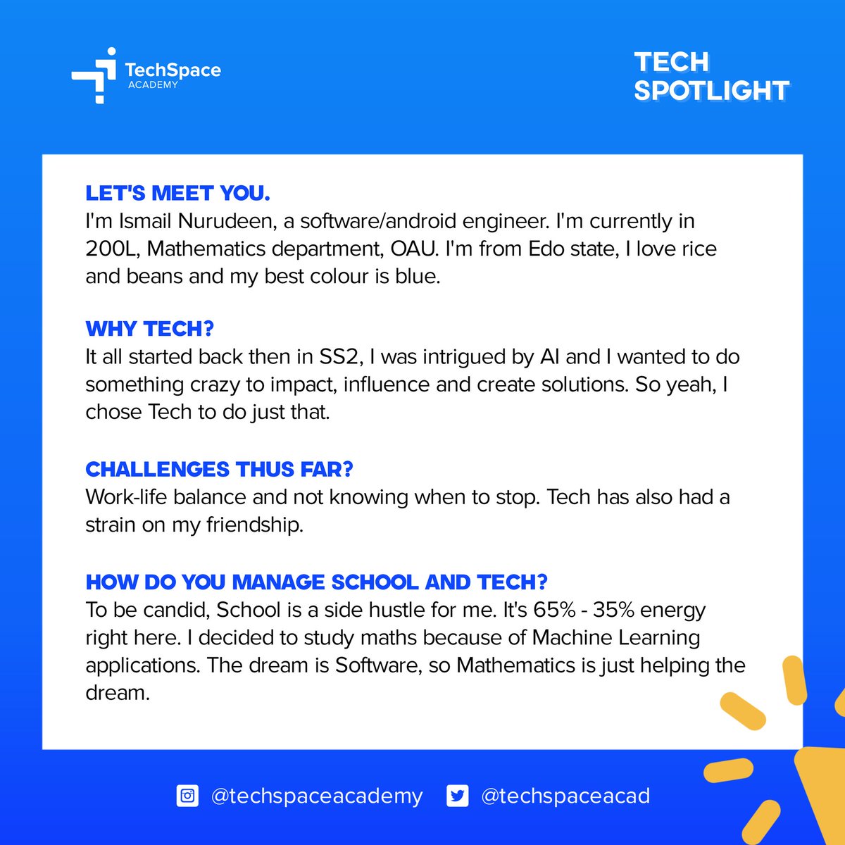 TechSpaceAcad's tweet image. TSA met with an amazing software engineer and he gave us some highlights about himself and his involvement with tech.
#10xNuru #tech #softwareenginering #edtech #productdesign #uiuxdesign
