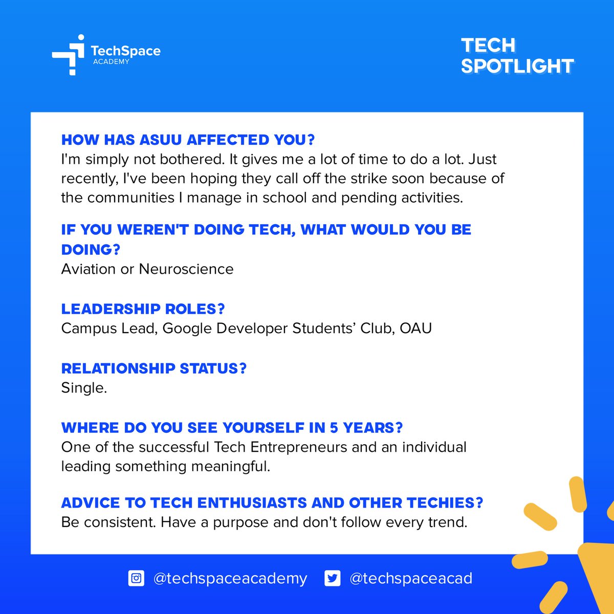 TechSpaceAcad's tweet image. TSA met with an amazing software engineer and he gave us some highlights about himself and his involvement with tech.
#10xNuru #tech #softwareenginering #edtech #productdesign #uiuxdesign