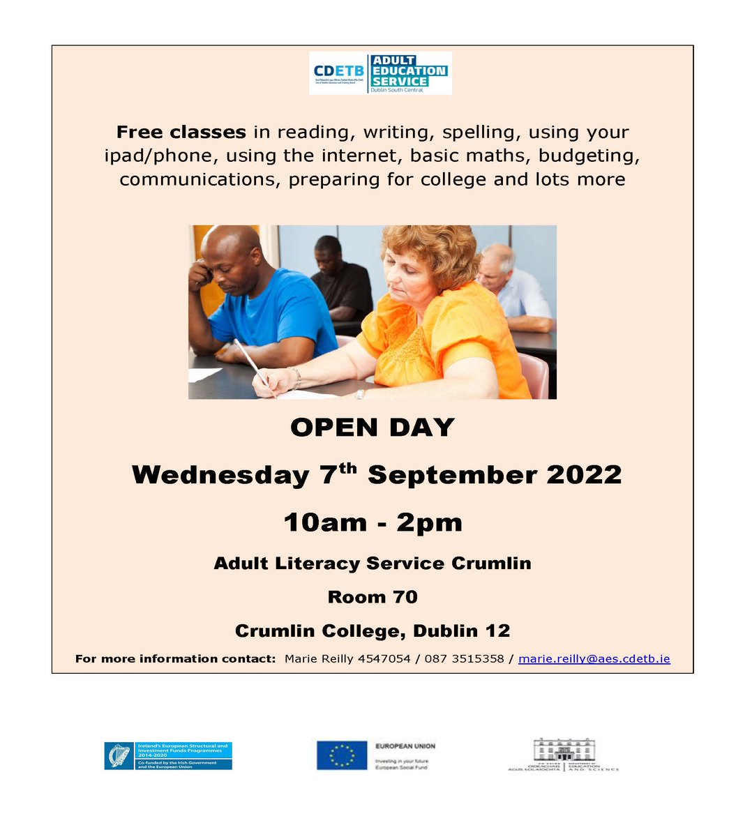 CityofDublinETB's tweet photo. OPEN DAY – CDETB Adult Literacy Service Crumlin – Wednesday 07/09/2022 at Crumlin College, Dublin 12. 

We offer FREE classes in reading and writing to basic maths and much more. Great opportunities on offer for you or someone you know.

#LearningCommunity https://t.co/W1XlIXQuv4