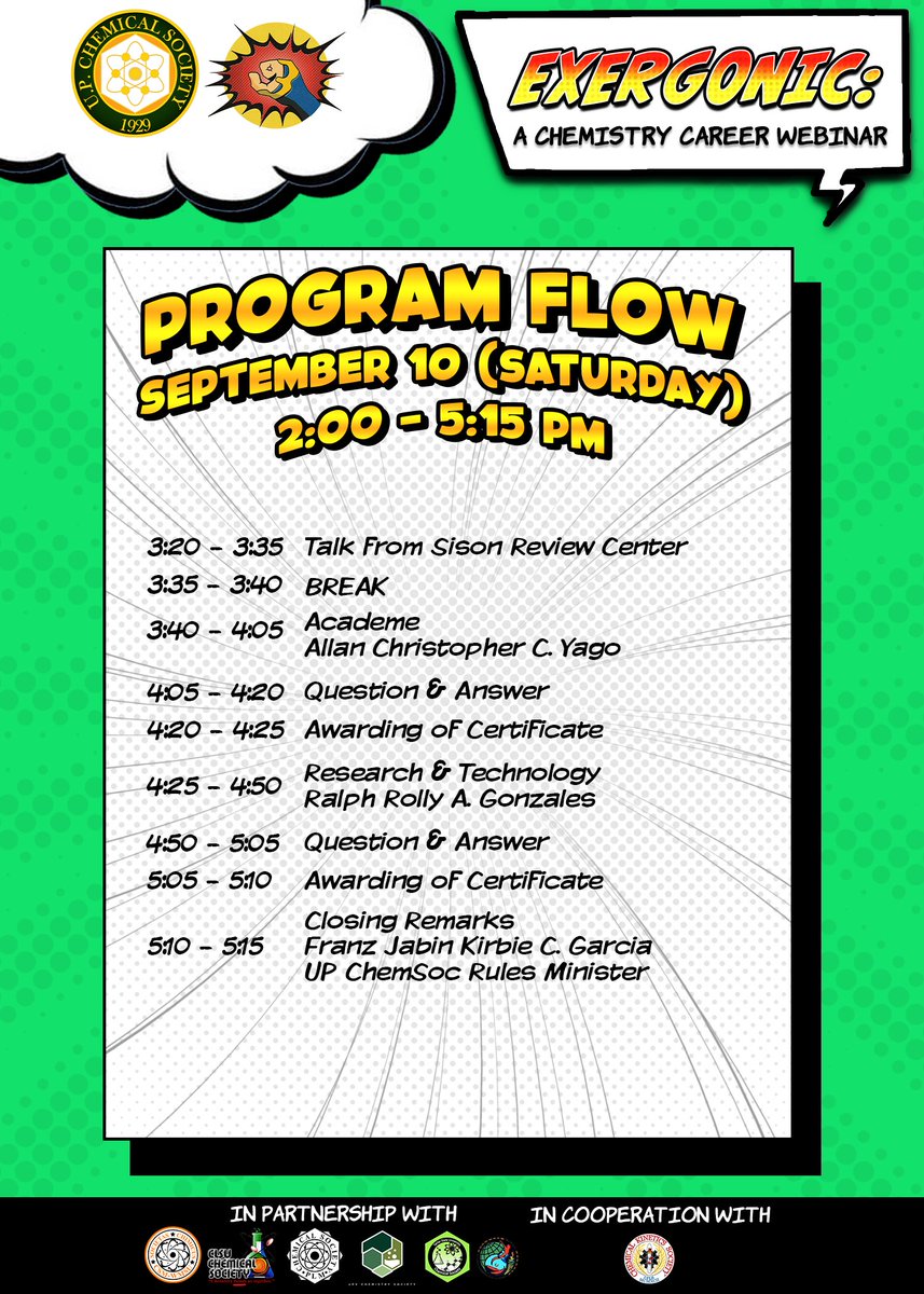 upchemsoc's tweet photo. It's Chemists' Time 🧑‍🔬☝👩‍🔬!
Your friendly neighborhood Chemists are still waiting for you!! See them in action 💥 at UP ChemSoc's ✨Exergonic 2022: A Chemistry Career Webinar ✨

#Chemicon
#ChemSoc93
#ComiCS93
#ChemSocSarapKapiling

For more info visit: https://t.co/zAgkv0dDpK https://t.co/cNvTzmN71m