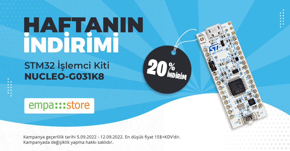 Sen Seç anketi ile seçilen STM32 İşlemci Kiti NUCLEO-G031K8 %20 İndirim ile Empastore'da. empastore.com/stm32-islemci-…
.
#empastore #kampanya #senseç #stmicroeletronics