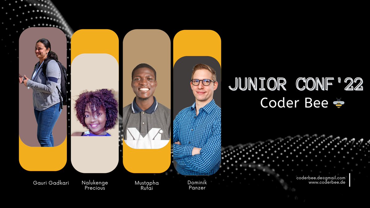 We can't wait to welcome you for at the Junior Devconf '22 at <a href="/Coderbee1/">Coder Bee</a> this 9th Sept, Friday at 1700/5pm CEST💃🏻

Our speakers: 📣 
Gauri Gadkari, Nalukenge Precious, Mustapha Rufai and Dominik Panzer 💪🏽 

DO NOT MISS!

<a href="/iafur/">Rufai</a> @PanzerDominik @sayheysom
#CoderBee #JuniorDevconf22