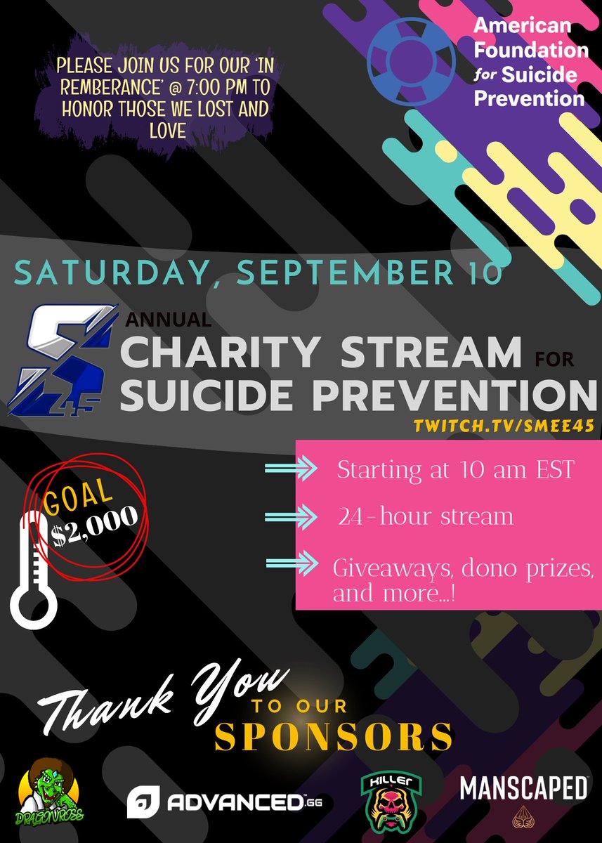 Smee_45's tweet photo. Remember this Saturday September 10th is our annual charity event for suicide prevention and awareness for @afspnational @afspeasternpa we have a ton of other content creators involved to help 

https://t.co/bfesXmVhTK https://t.co/vZahr9ECPQ