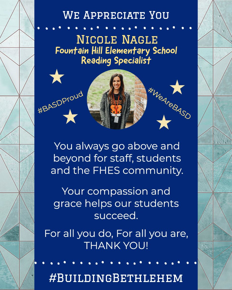 BethlehemAreaSD's tweet photo. Nicole Nagle is a Reading Specialist at @BASDFtHill and is featured in this week's BASD e-news.

Thank you for all you do!

Read more: https://t.co/Kwkt9EdjKs #basdproud #buildingbethlehem https://t.co/zj33mTIbaP