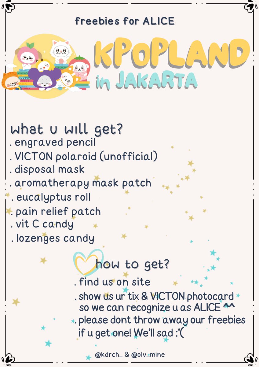 olv_mine's tweet photo. [retweet and like are much appreciated]

KPOP LAND FREEBIES for MONBEBE &amp; ALICE

post concert kit for jompo alicebebe by @kdrch_ &amp; @olv_mine ✨

📅: 16 September 2022
⏰: TBA
📍: TBA

VERY LIMITED! First come first get ^^
See you~♡

#MONSTAX #VICTON #KPOPLAND https://t.co/MbWrR2cOnu