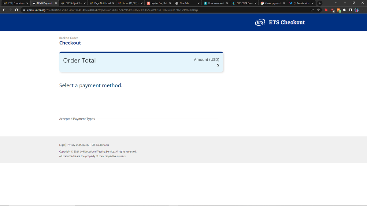 _v1sh_'s tweet photo. @ETSInsights not able to proceed with the payment for the GRE exam. No prompts or options select preferred payment method as well as order amount not displaying on the payment page. https://t.co/cYSD0h0q1x