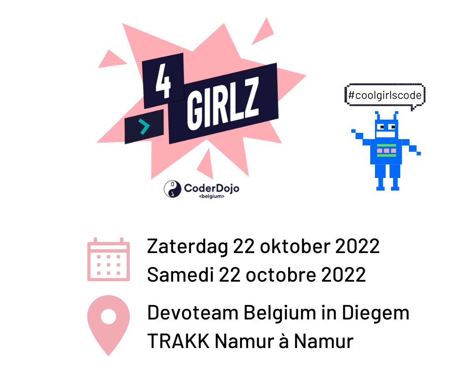CoderDojoBe's tweet image. Subscriptions for CoderDojo4Girlz are open! 🥳
You can find us on 2 different locations on the 22nd of October. For the french speaking girls at Namur: bit.ly/3RlygEB
And for the dutch speaking girls at Diegem: bit.ly/3RBaYKA
#coolgirlscode