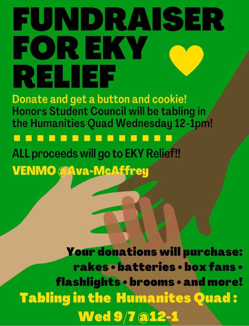 UofL_HSC's tweet photo. HELP US SUPPORT EASTERN KY!
Tabling today outside of the humanities building, ALL PROCEEDS GO TOWARDS EKY RELIEF!
venmo: @ Ava-McAffrey https://t.co/Wvu50tPtMT
