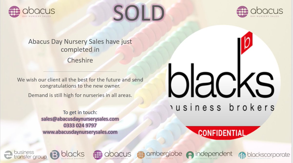 SOLD!!!!!
Congratulations to our client and well done to the team 
#businesstransfergroup #abacusdaynurserysales #blacksbusinessbrokers #businesssales #nurserysales #childrensdaynursery #sellyourbusiness