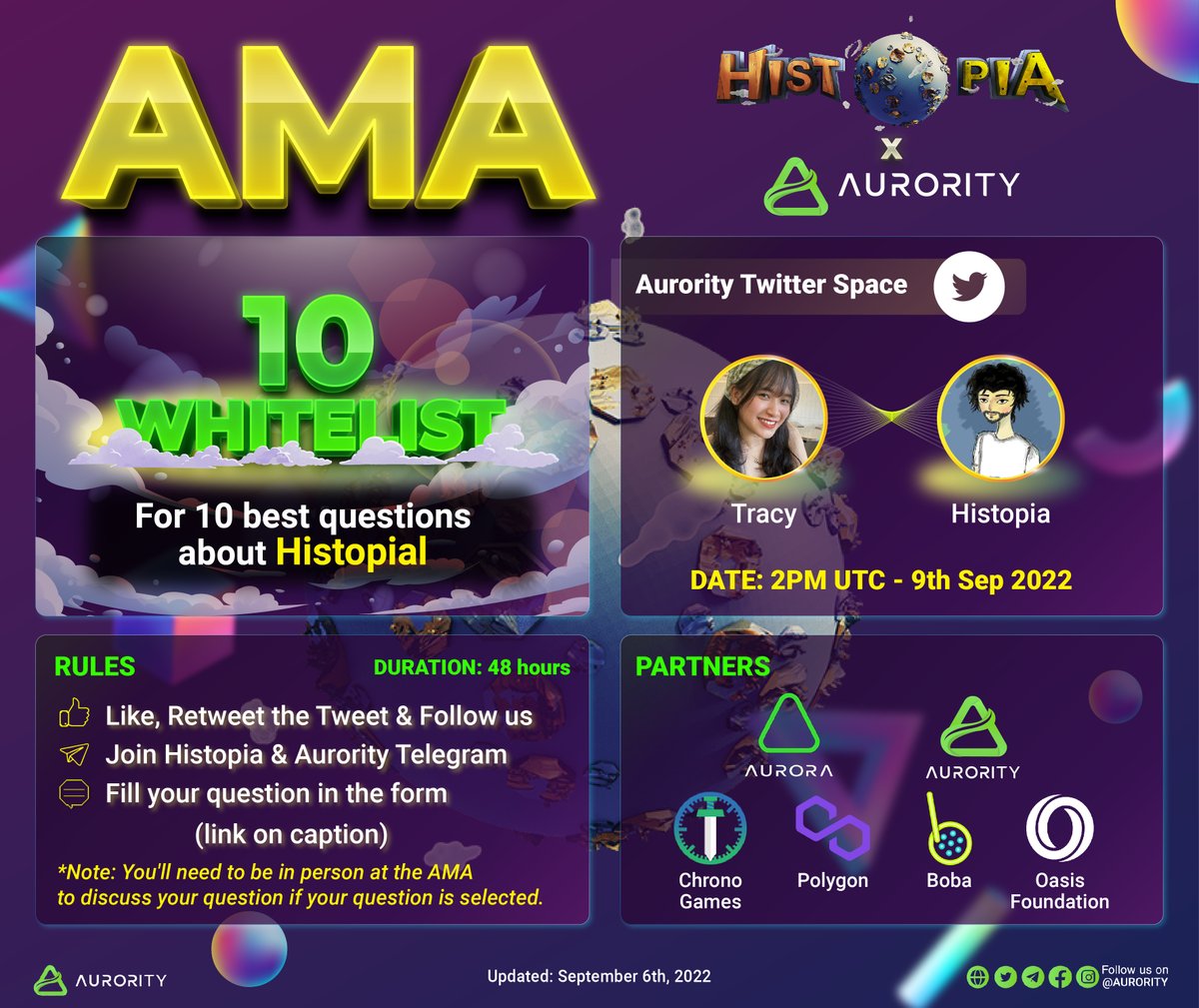 Aurority_com's tweet photo. 🌪️Aurority X Histopia #AMA🌪️
🎁10 Whitelist for 10 best questions

Rules:
1⃣Like, RT &amp; Follow @Histopia_io &amp; @Aurority_com 
2⃣Join #Histopia &amp; #Aurority Telegram
3⃣Submit your question https://t.co/0qz0W7Zapg

Set reminder: https://t.co/Iue07s0ldr

#Aurora $AURORA #Aurority #AMA https://t.co/YSI8XH0UqV