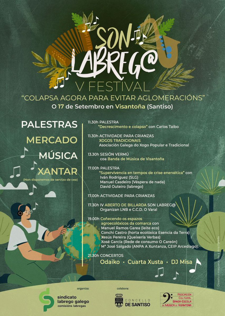 SLG_labregxs's tweet photo. 🟩Programación da V edición do Festival Son Labreg@, "Colapsa agora para evitar aglomeracións". Unha morea de actividades das que gozaremos o vindeiro 17 de setembro en #Visantoña (Santiso). Palestras, mercado, música, xantar...dende as 11:30h até a noite! 
🥳 Agardamos por vós! https://t.co/uDltnaE2zv