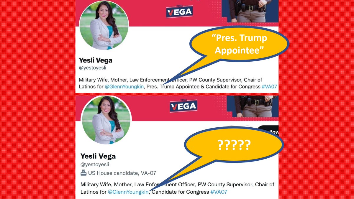 henricoblue's tweet photo. #TrumpWasRight: Yesli Vega would make a great appointee to a non-existent administration.
Vega has scrubbed Trump, but have to wonder what she was thinking in accepting a post in 2021, AFTER Trump had lost!
Did she believe his coup attempt would work? #VA07 https://t.co/TrFHbDYrOE