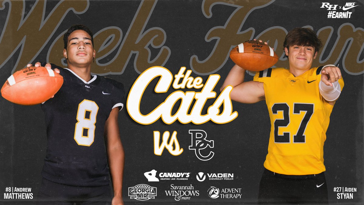 RHHSFootball's tweet photo. 𝓦𝓮𝓮𝓴 𝓕𝓸𝓾𝓻 - @BakersSports 𝑩𝒐𝒓𝒅𝒆𝒓 𝑪𝒍𝒂𝒔𝒔𝒊𝒄
🆚Baker Co High School (FL)
🗓️𝗦𝗔𝗧𝗨𝗥𝗗𝗔𝗬 𝟵/𝟭𝟬
🏟️Glynn Co. Stadium (Brunswick, GA)
🕠7:30 PM Kickoff
📺@wjxt4 (https://t.co/LlrfqsaK1K)

#EARNit | #BTH | #GoCats https://t.co/0i8s2DArX8