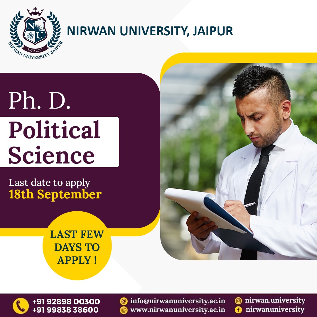 nirwanuniv's tweet photo. Ph. D in Political Science!
Get closer to your dream #career.
LAST FEW DAYS TO APPLY !
APPLY NOW !
https://t.co/9ZUjPC3vNA
#PhD #PoliticalScience #PhDinPoliticalScience #Political #Science #Phdcareers #Phdinlaw #PhdinYoga #NirwanUniversityJaipur #Nirwan #NUJ #Jaipur #Pinkcity https://t.co/hpLT03n6sB