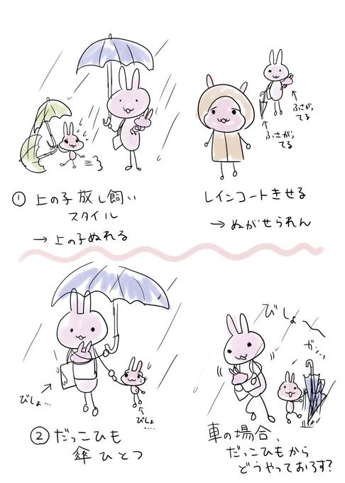 二人目を躊躇する理由の一つに、誰かが100%ずぶ濡れになるという心配があります。
兄弟いるご家庭どうしてるんだろうか。誰も濡れずにみんな移動する手段ある?

#育児漫画 