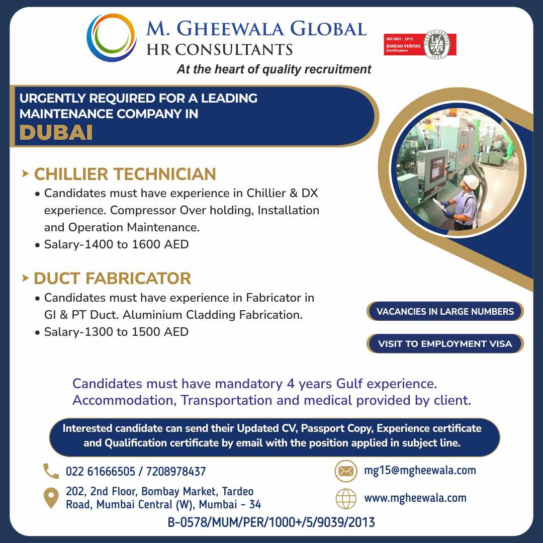 mgheewala_hrc's tweet photo. Job Vacancies for #dubai
Interested Candidates can send the updated resume to mg15@mgheewala.com
Learn More https://t.co/Ps4bxv1OLt
#dubaijobs #ethicalrecruitment #middleastjobs #maintenance #chillertechnician #ductfabricator #aluminiumcladdingfabrication #chillier https://t.co/BwoolHGR2o