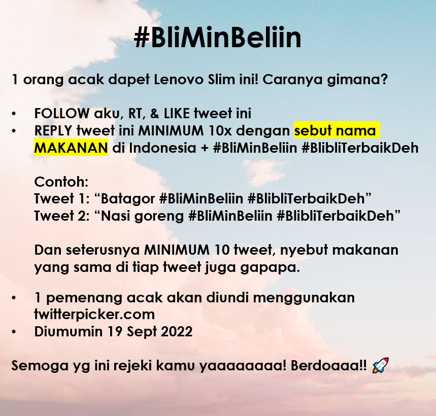 Mau #BliMinBeliin LENOVO Slim ✨𝒈𝒓𝒂𝒕𝒊𝒔✨?

Cek gambar untuk caranya, semoga hokinya kamu yah! 
🏁🥘

#BlibliTerbaikDeh