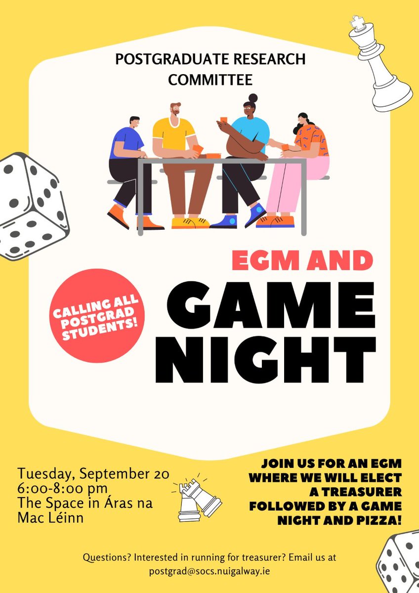 postgradsoc's tweet photo. 🚨Calling all postgrads! Please join us for an EGM and Game Night 🎲 on September 20th. Meet new postgrad students and catch up with old friends.☺️
@NUIGSU https://t.co/pl25rdb6WR