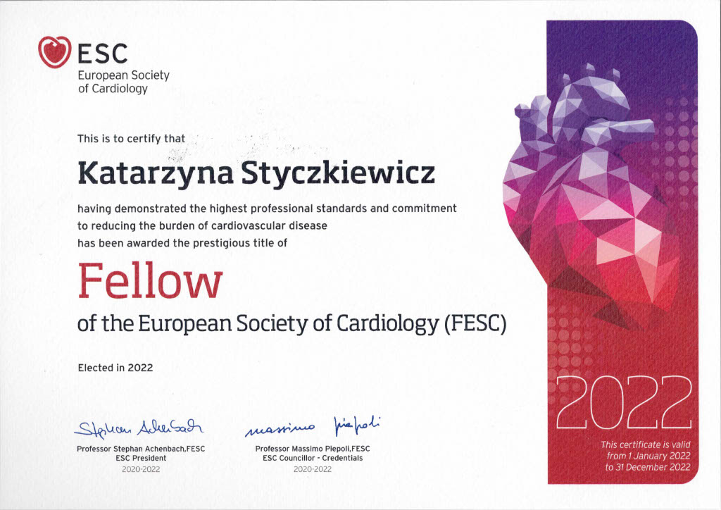 usk_rzeszow's tweet photo. Tytuł uznania za wkład naukowy w kardiologię, „Fellow of the European Society of Cardiology (FESC) – Scientific Excellence”, otrzymała prof. Katarzyna Styczkiewicz, kardiolog @ksw1_rzeszow. Jest jedyną Polką, która w tym roku została wyróżniona tym prestiżowym dyplomem. #ksw1 https://t.co/wAgkTyQjnr
