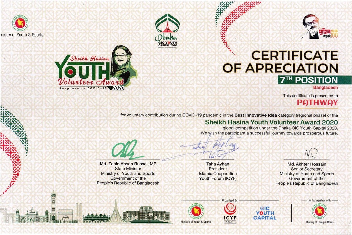 pathwaybd's tweet photo. Pathway Organization got the certificate in the National stage of Sheikh Hasina Youth Volunteer Award 2020 at 7th position in the Best Innovative Idea for voluntary . The certificate received by Pathway's Chairman Md. Raizur Rahman and Executive Director Md. Shahin. https://t.co/9UTQbwYIqd