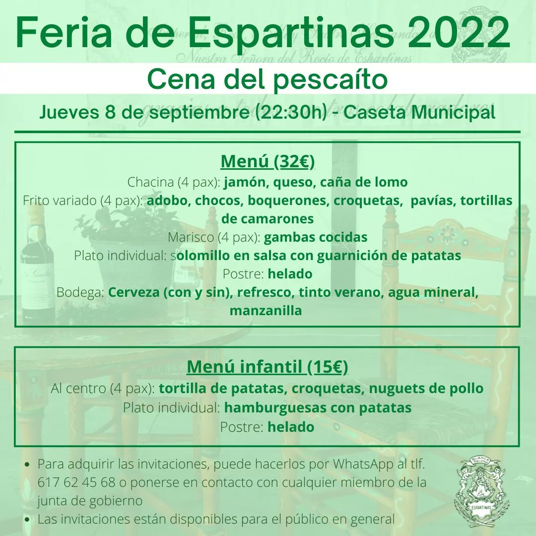Acompáñanos el primer día de 𝐅𝐞𝐫𝐢𝐚 𝐝𝐞 𝐄𝐬𝐩𝐚𝐫𝐭𝐢𝐧𝐚𝐬 en la 𝐂𝐞𝐧𝐚 𝐝𝐞𝐥 𝐩𝐞𝐬𝐜𝐚𝐢́𝐭𝐨 en la Caseta municipal. Las invitaciones están disponibles para todo el público en general y podrás disfrutar de la <a href="/bmespartinas/">Banda de Espartinas</a>
¿Te lo vas a perder? 🤔
#Espartinas