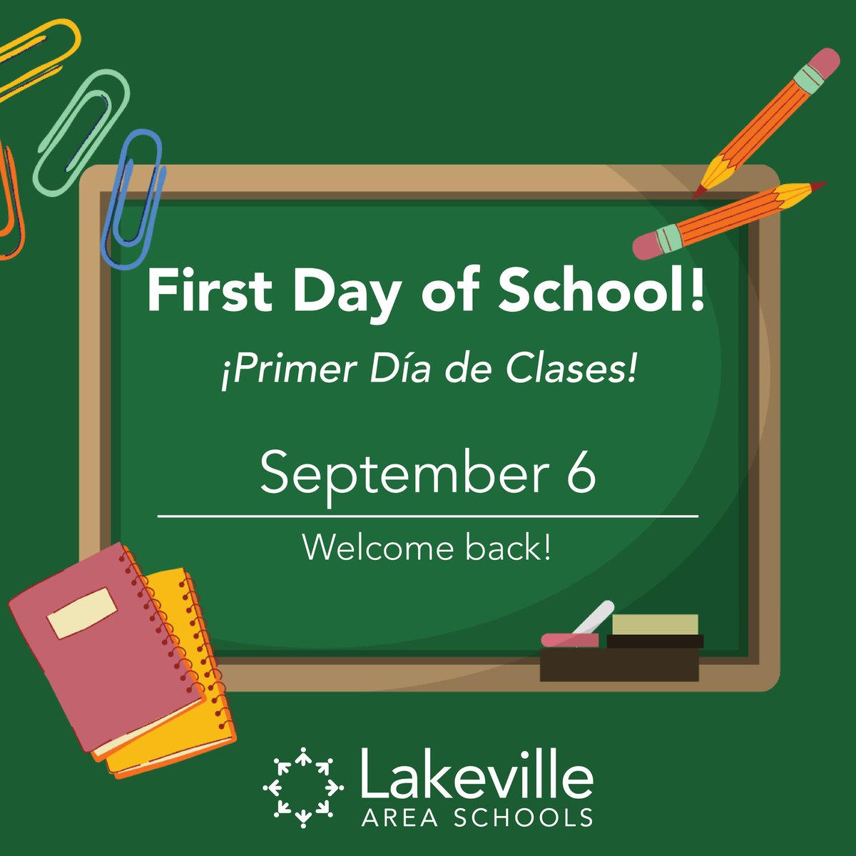 LakevilleAreaPS's tweet photo. Today is the first day of the 2022-23 school year! We can't wait to celebrate the beginning of a new year with you. Share your first day of school pictures on social media using #194FirstDay. https://t.co/G24jrQoJiS