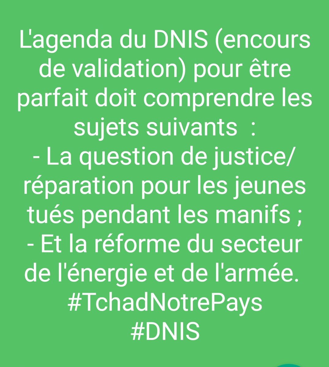 k_didah's tweet photo. | Dialogue National Inclusif et Souverain|

Pour parfaire l'agenda actuel en discussion, le présidium doit inclure ces sujets tous aussi importants...👇

👉Proposition concrète et réaliste.  💙💛♥️
#DNIS
#TchadNotrePays
#UneJeunesseForteetEntreprenante https://t.co/75kRQHsQYI