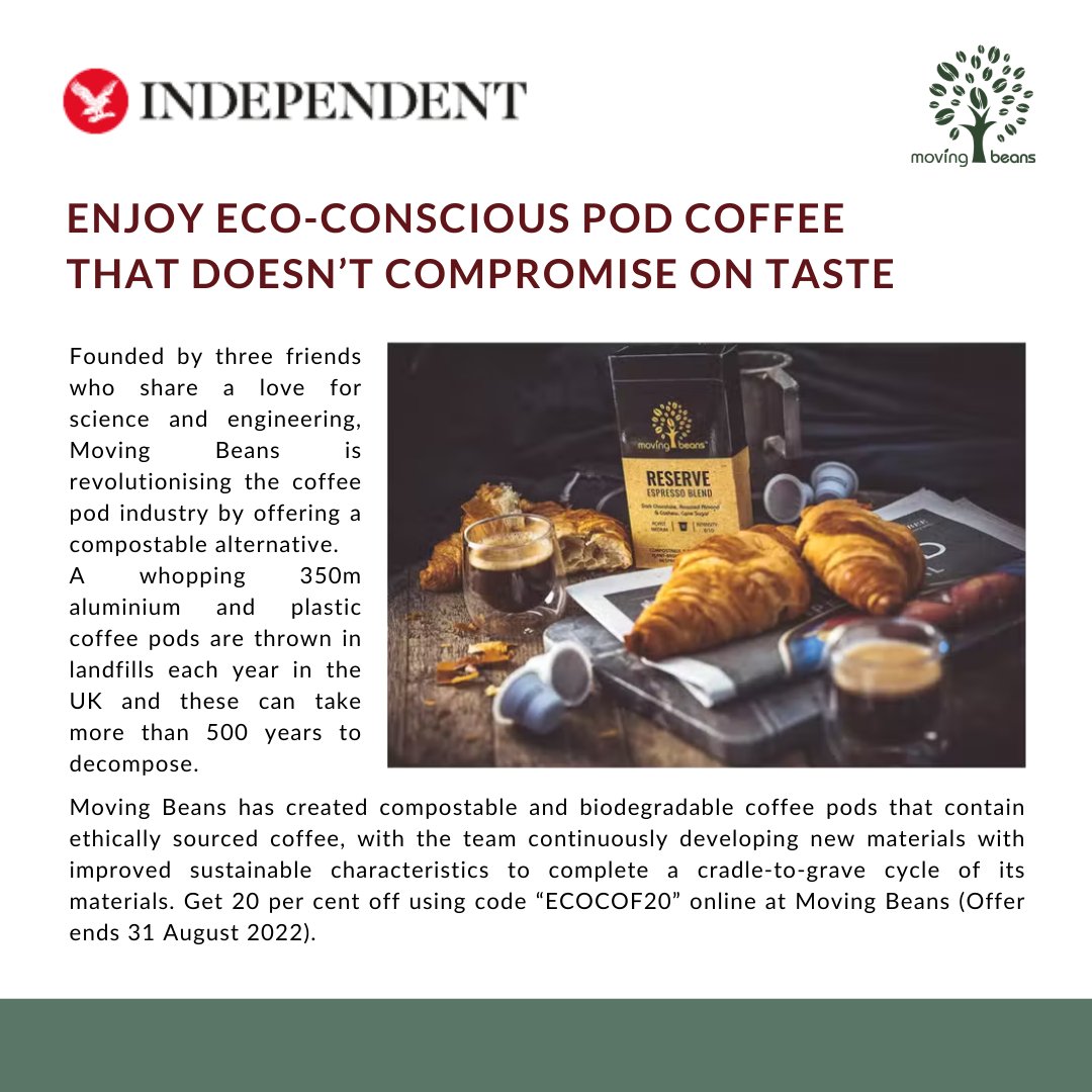 Hi Moving Beaners! We have a great news to all of you.

Our pods have been featured in The Independent in their lifestyle blog as one of the eco-friendly business.

#coffeeforlife #coffeeholics #nespressocompatiblecapsules #coffeetime:coffee:  #movingbeans #healthyhappylife