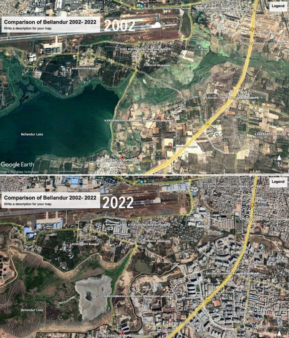 urbanvoicesin's tweet photo. This is how #Bangalore has changed over the years. 

Green gone, concrete in. 

Result : #bangalorefloods 

What’s the solution now ? https://t.co/8LV6Ngrsvk