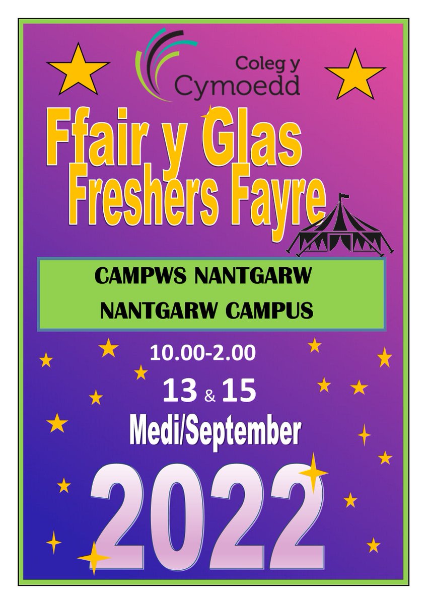 FRESHERS FAYRE IS BACK!!!
Join us at Nantgarw Campus on the 13th &amp; 15th of September between 10am-2pm for a great atmosphere with lots of Information on what is available at the campus, Music with a live DJ and an overall Fun welcome to a new Year at Coleg Y Cymoedd.  😁