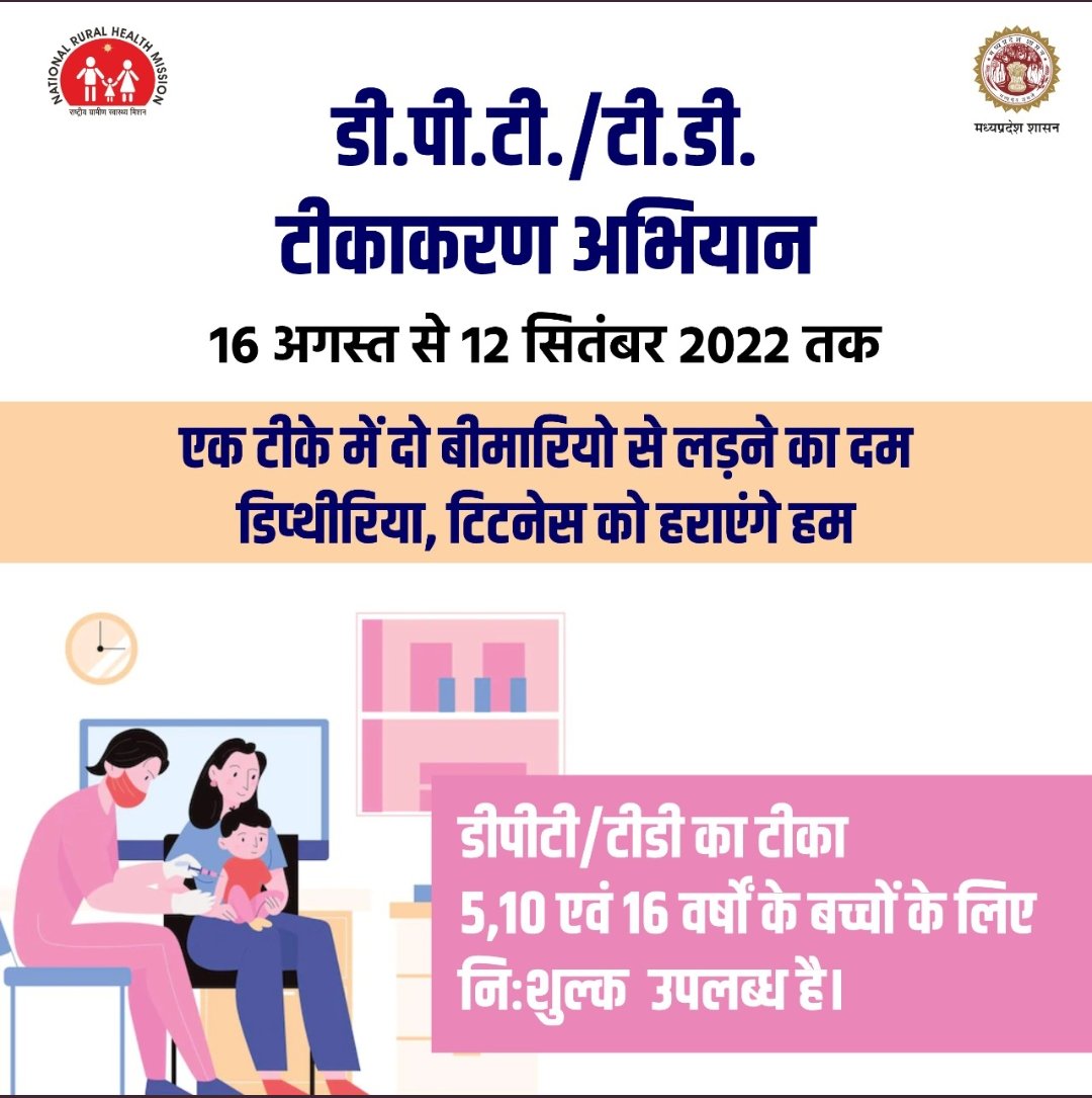 CMHOJHABUAMP's tweet photo. टीडी / डीपीटी टीकाकरण अभियान के दौरान समस्त सरकारी, निजी अनुदान प्राप्त स्कूलों, मदरसे एवं आांगनवाड़ी केन्द्रों में 5 वर्ष (DPT टीका), 10 (Td10 टीका) वर्ष और 16 (Td16 टीका) वर्ष के बच्चों का टीकाकरण किया जाएगा।

#Tdcampaignmp
#HealthCare
#JansamparkMP https://t.co/VqN4hWiMZm
