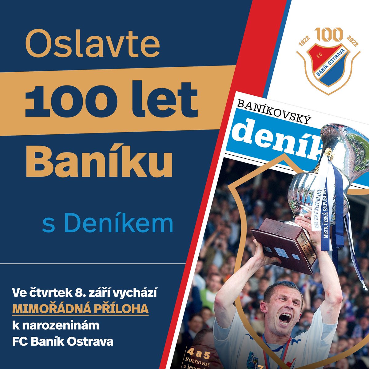 denikms's tweet image. Ve čtvrtek se můžete těšit na mimořádnou přílohu k #100vyroci @fcbanikostrava ⚽️! Najdete v ní exkluzivní články, ankety a rozhovory. Tak si nezapomeňte koupit čtvrteční vydání🗞#msdenik
