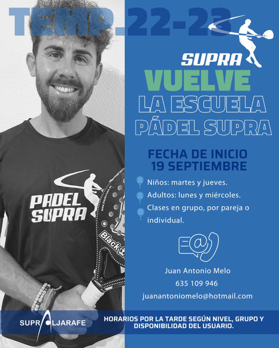 Supraljarafe's tweet photo. 𝗖𝗼𝗺𝗶𝗲𝗻𝘇𝗼 𝗲𝘀𝗰𝘂𝗲𝗹𝗮 𝗱𝗲 𝗽𝗮́𝗱𝗲𝗹🎾🎾

Los próximos días 14 y 15 de septiembre comenzaremos las pruebas de nivel en horario de tarde. 

📑¡El plazo de inscripción está abierto! 

☎Llama al 635 10 99 46 y contacta con Juan Antonio Melo. https://t.co/u71pqdPToa
