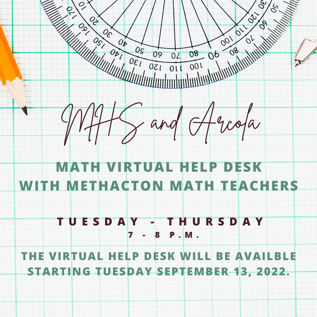 Methacton's tweet photo. 📢 Returning for the new school year! Math Virtual Help Desk for all Arcola and Methacton High School students (grades 7-12).

📅 Tuesday-Thursday
🕖 7pm-8pm

🌐To sign up: https://t.co/M3iU5qUqcg https://t.co/eIvPclicVA