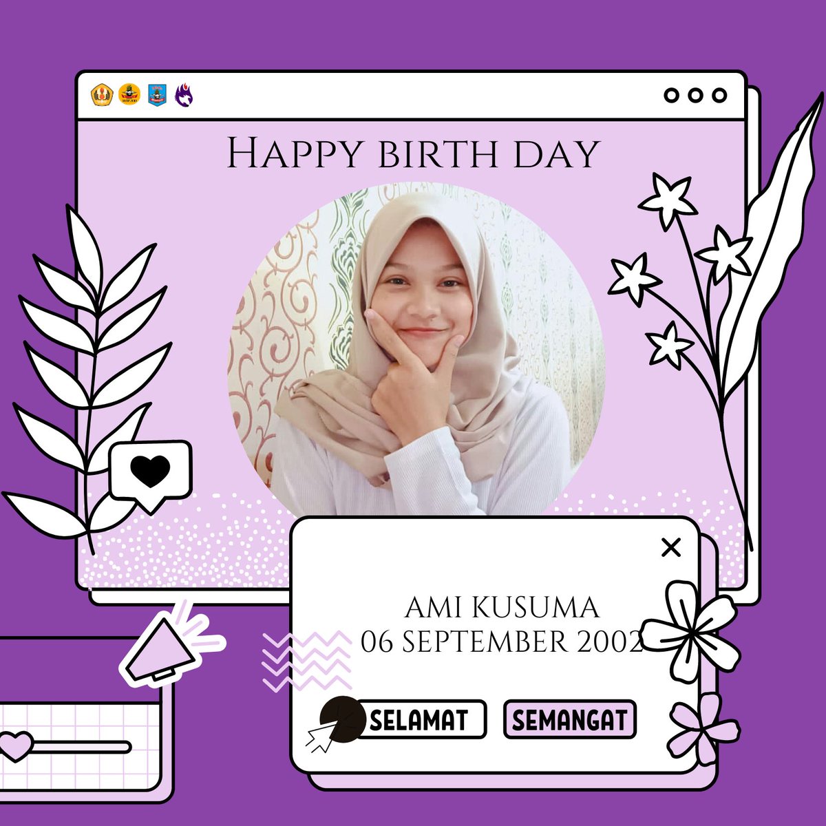 [Apresiasi Anggota] 

Hallo ‼️

Ada yang ulang tahun nihh !!! 
Happy Birthday buat Mba Ami Kusuma , Usia baru untuk perjalanan baru, Selamat membuka lembar baru di pertambahan usia tahun ini Semoga sehat dan bahagia selalu.
Semangat juga kuliahnya🤩

Kabinet Gelora Cita🔥