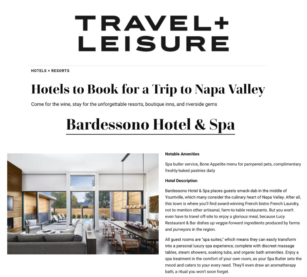 I spy #Bardessono as recommended place to stay for a trip to Napa Valley 🤍  bit.ly/3Qz88VH 
.
.
.
#Yountville #Travel+Leisure #travel #lifestyle #TravelPR #NapaValley #TMGScores