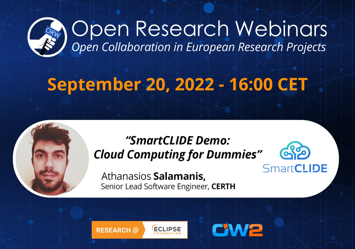 Research@Eclipse (@researcheclipse) on Twitter photo Looking for a tool that could significantly shorten the time, people and energy required for an app to go live on the #cloud? Then join the demo of <a href="/SmartCLIDE/">SmartCLIDE</a> by <a href="/asalamanis/">Athanasios Salamanis</a> at the next Open Research Webinar on September 20: hubs.la/Q01jXPgm0 Looking for a tool that could significantly shorten the time, people and energy required for an app to go live on the #cloud? Then join the demo of <a href="/SmartCLIDE/">SmartCLIDE</a> by <a href="/asalamanis/">Athanasios Salamanis</a> at the next Open Research Webinar on September 20: hubs.la/Q01jXPgm0