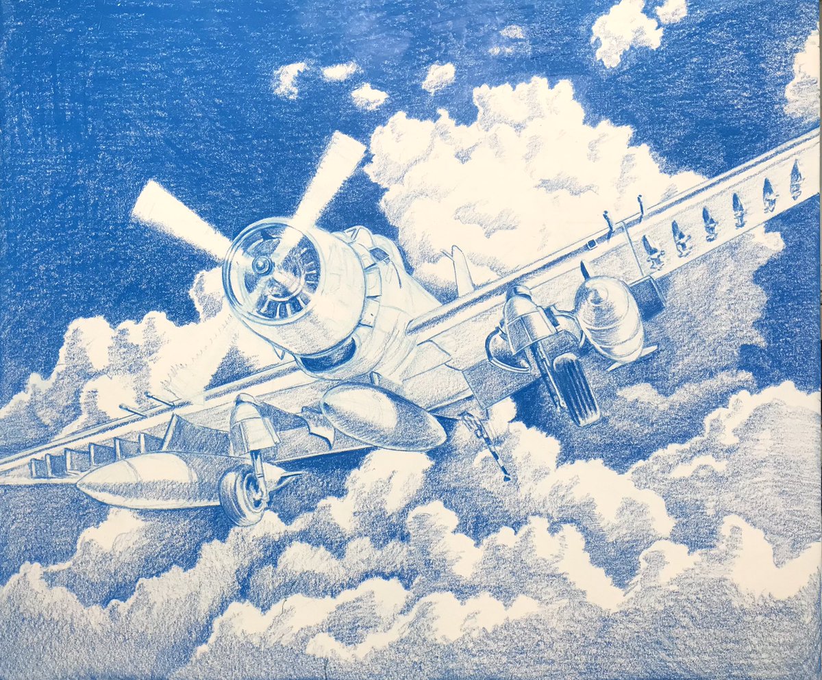 「F8号。シアン版1回目、開始。#色鉛筆画 #飛行機画 #4色描画 #林亮太 」|林 亮太＠2023 5/20〜6/11清瀬市郷土博物館個展のイラスト