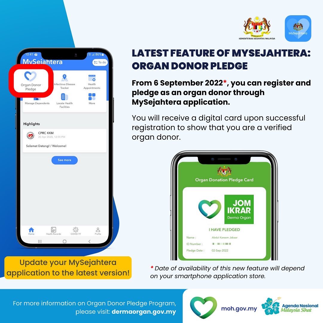 my_sejahtera's tweet photo. The number of patients in need of organ transplant is increasing every year, but the number of pledgers to donate is still low.

Register now as an organ donor using MySejahtera's newest feature: Organ Donor Pledge, to help people in need of organ transplants. https://t.co/UxN45njaXE