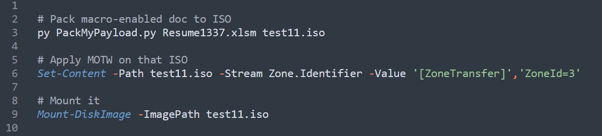 ☢️ Can confirm: Macros killed in Office 365, 2207 (Build 15427.20210)

1. if doc has MOTW, macros are disabled.
2. if doc is opened from MOTW flagged ISO/IMG, macros are disabled

ISOs are no longer effective containers for MOTW evasion.

However, bundling payloads into LNK is 🔥