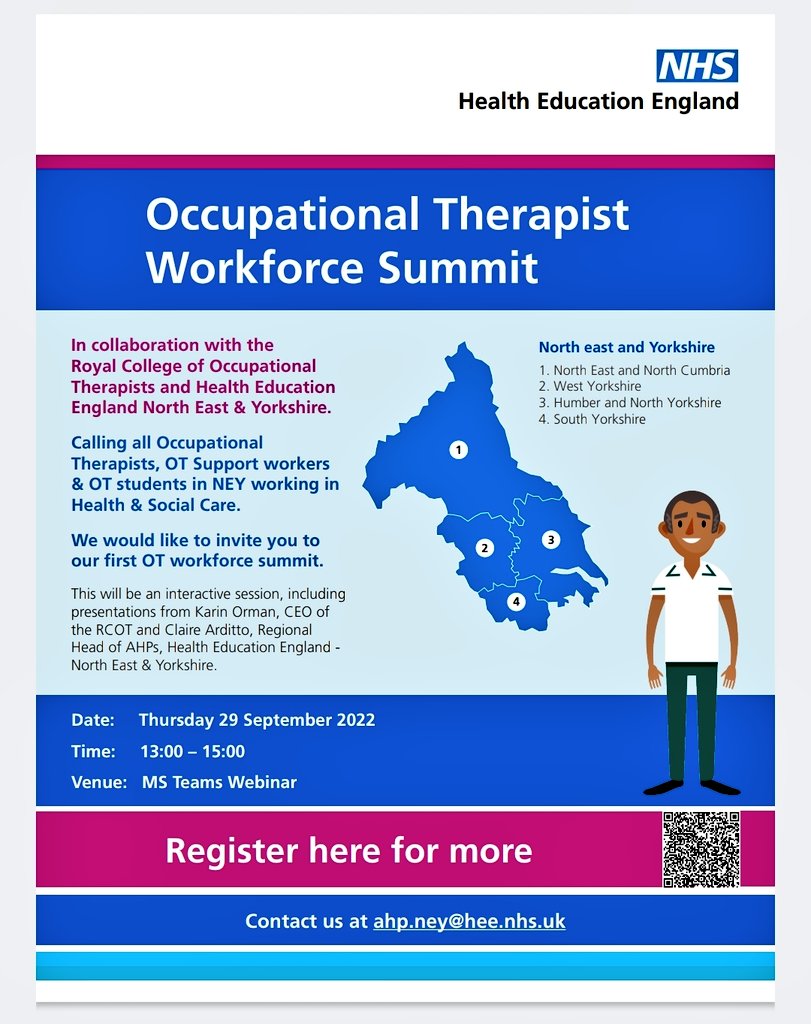 The <a href="/RCOT/">rcot</a>  and @NHSHEE_NEY are hosting the first Occupational Therapist Workforce Summit (29th September 2022). An exciting opportunity to collaborate with other colleagues in the region on current and future workforce issues for Occupational Therapists.
See below to book
