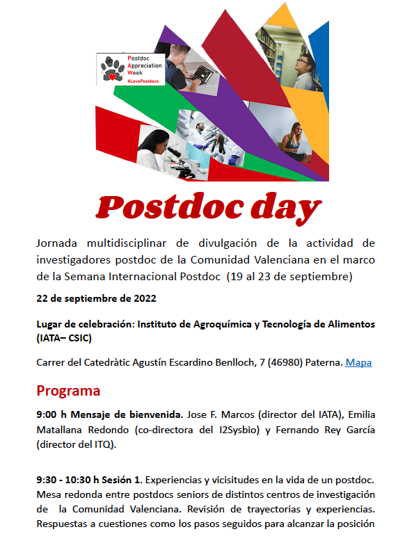 Postdocs_CVA's tweet photo. 📣  Postdoc day
Únete a la jornada multidisciplinar de divulgación de la actividad de investigadores postdoc de la Comunidad Valenciana
22 septiembre en @iata_CSIC de forma presencial y online
📝Registro: https://t.co/hA1zDH52PT
#PostdocAppreciationWeek #LovePostdocs https://t.co/EcgOSfGwlH