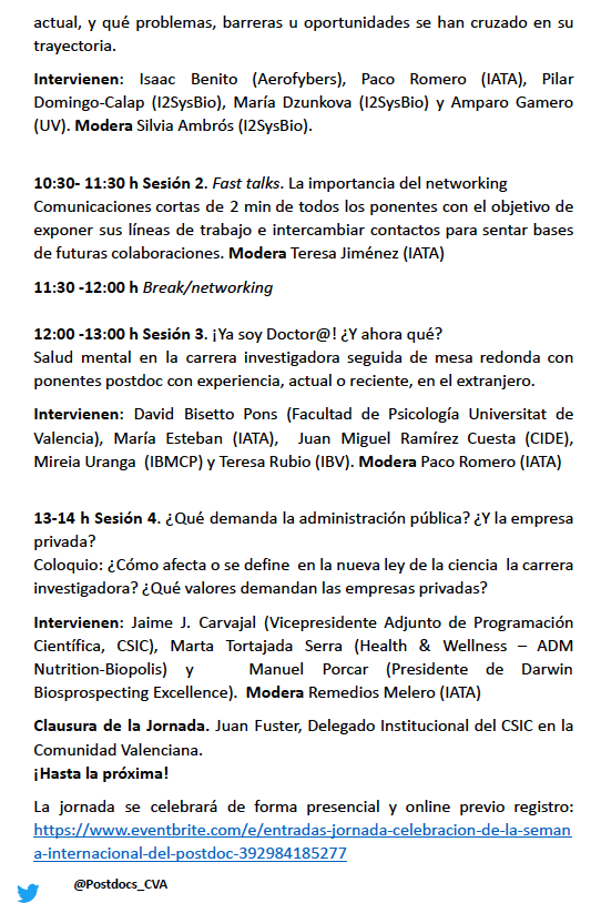 Postdocs_CVA's tweet photo. 📣  Postdoc day
Únete a la jornada multidisciplinar de divulgación de la actividad de investigadores postdoc de la Comunidad Valenciana
22 septiembre en @iata_CSIC de forma presencial y online
📝Registro: https://t.co/hA1zDH52PT
#PostdocAppreciationWeek #LovePostdocs https://t.co/EcgOSfGwlH