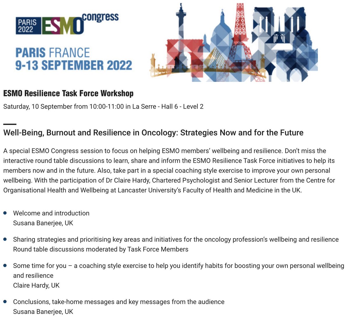 🗓️ Preparing your schedule for #ESMO22? 💥 Don't miss our Special Session on 'Wellbeing, burnout & resilience in oncology'! Join us: 🎯 Explore key strategies & new initiatives for wellbeing 🎯 Hands-on coaching-style exercise to boost your personal wellbeing & resilience