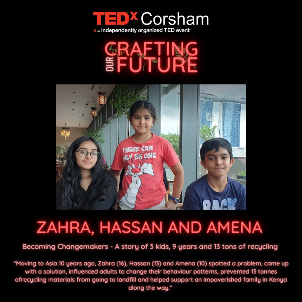 TEDxCorsham's tweet photo. Our final talk is an inspiring story by Zahra, Hassan and Amena! Join us on Friday to hear all about how they prevented 13 tonnes of recycling materials from going to landfill.

“3 children share their story of driving behaviour change in adults over a period of 9 years.” https://t.co/krezXBKPGE