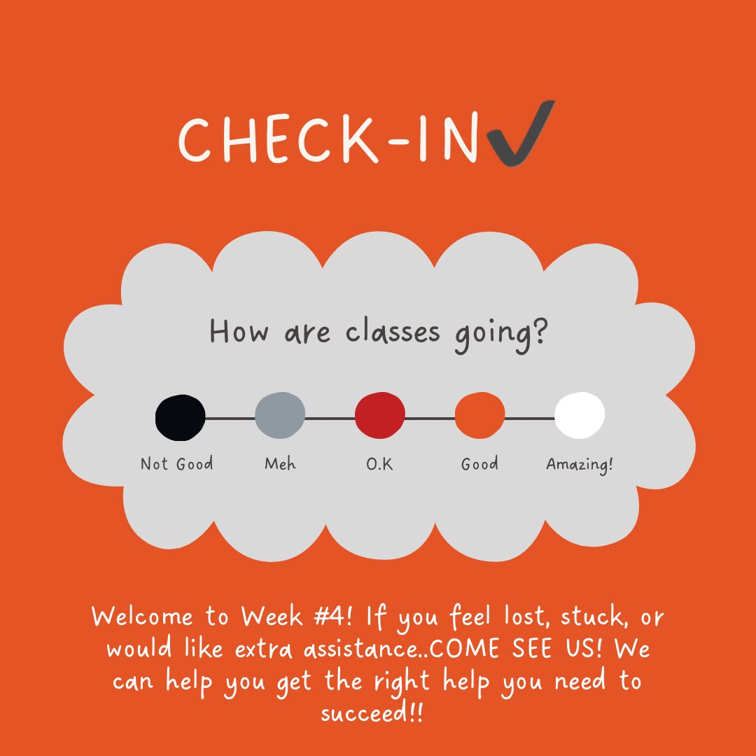 HUOwenCenter's tweet photo. ☑️Checking in!☑️
If you feeling like you are confused, need extra help, or would like some clarification on an assignment..COME SEE US! We have the resources to help you successful! 
Kick some butt this week in all your class! https://t.co/Bf7dmNaSXM
