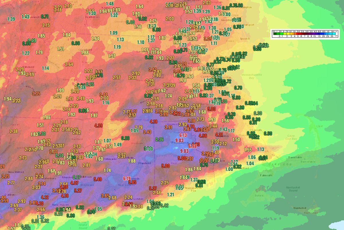 [24-hour Estimated Rain] Here's a look at observed rain since yesterday with selected point rain totals shown. Note the color shading on the map is an interpolation &amp; may not be representative in some locations. Area that sticks out is southern CT into northern/central RI: