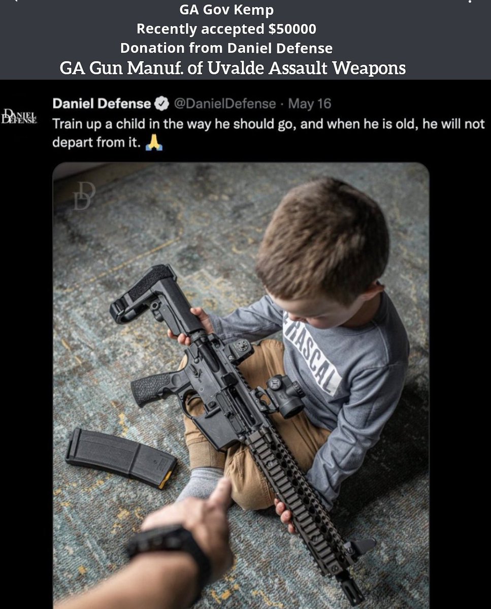 THIS SHOULD BE BIGGER NEWS IN GEORGIA GOV KEMP ACCEPTS DONATIONS of at least $50000 FROM GUN MANUF. Of AR's used in #Uvalde School Shooting - @DanielDefense Some Uvalde parents are suing. #OurBlueVoice #DemVoice1 #VoteBlueNotQ #DemsForRights